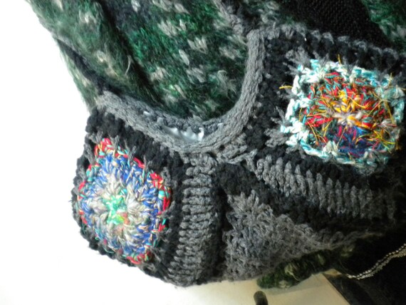 handmade, shoulder bag, granny style, black-grey-green-colored, washable inside, material mix, vintage look