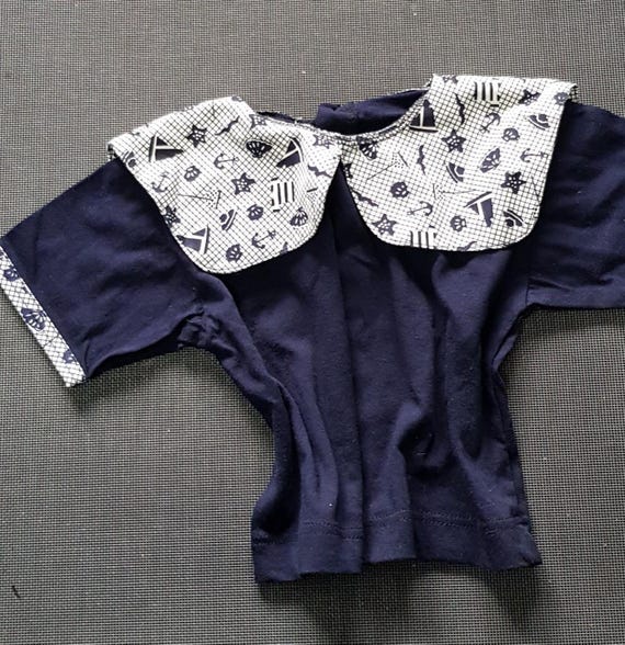 Sale 30% T-shirt, short sleeve, large collar with nautical motifs. Navy/white, cotton, buttoned back, Baby/Kids, Gender/Tartufo, Vintage