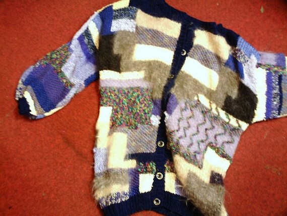 handmade, cardigan, rustic, material mix, purple/ brown/ yellow/ colorful, on size BIG, unique, vintage wool