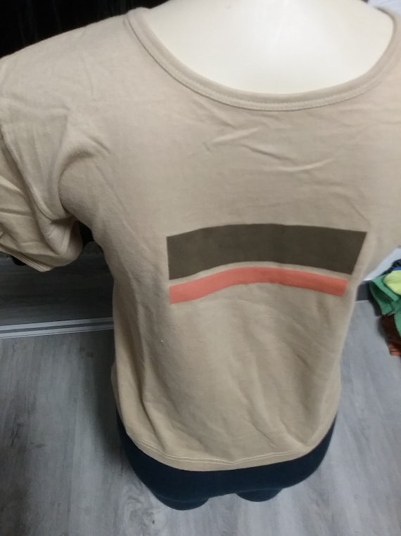 Sale 30% T-Shirt, short sleeve, chest stripe, beige-brown-orange, round neck, BIG format, gender, Gilty, vintage