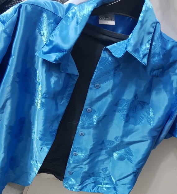 Sale 30% blouse, satin, extra wide upper sleeve, turquoise/ocean blue, shiny, tone-on-tone graphic, collar, lapels, buttons, ladies, women, vintage