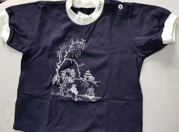 Sale 30% T-shirt, short sleeve, dark blue/ white, embroidered motif, cotton, Baby-KIDS, girls, Herzlieb, Vintage