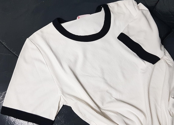 Sale 30% T-shirt, short sleeve, white, black cuffs, ribbed, thin, lightweight, polyamide/elastane, good stretch, girls, women, Whoopi, vintage