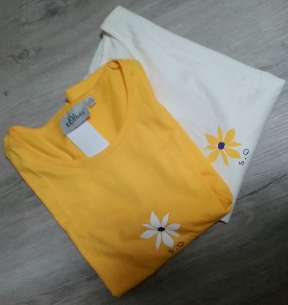 Tank top, sleeveless T-shirt, underarm shirt, graphic sun, white+yellow with blue, short form, round neck, girls, women, girls, S.Oliver, vintage