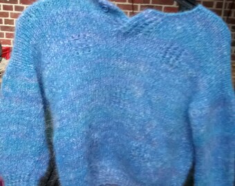 Sweater, soft, polo, medium blue, color gradient, on size BIG, Tiffany- Angora mix, unique, hand-knitted, vintage yarn