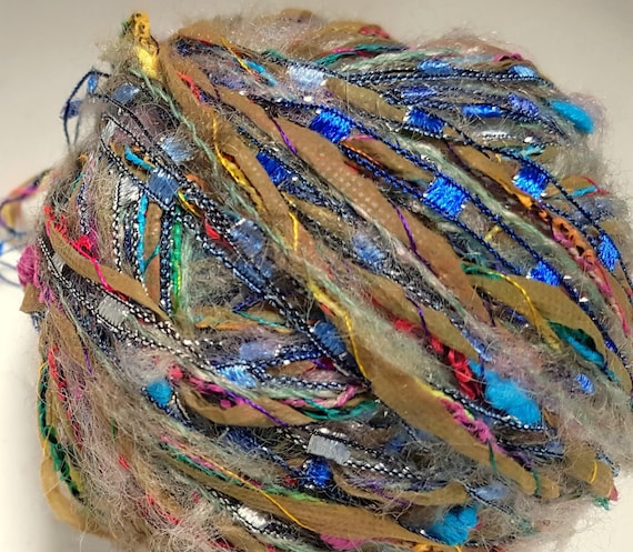 Wool, designer yarn mix, chunky wool, accents/ Papiretto ribbon/ curry-colored, with ladder ribbon/blue/white, hand-wound, vintage wool