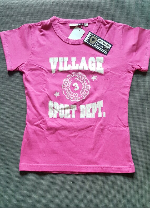 Sale 30% T-Shirt, short sleeve, graphic VILLAGE front + neck logo, pink and white with glitter, cotton, girls, Camaro, vintage