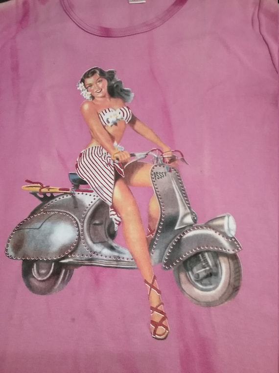 Sale 50% T-Shirt, short sleeve, graphic motorcycle motif, dark blue, batik, gender, size, Blue Seven, Vintage