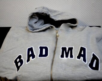 Bad+Mad, sweat jacket, hooded jacket, hoodie, zip, boys, lettering, embroidery, logo, extra thick roughened, grey, vintage