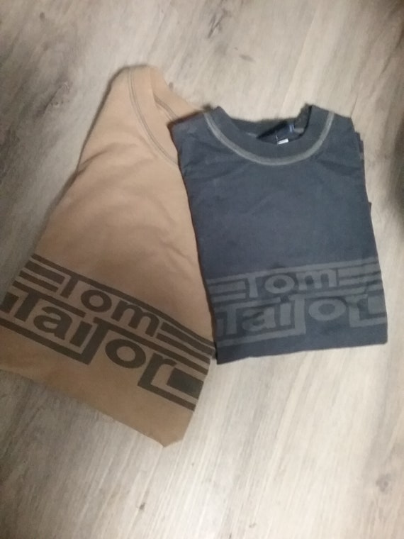 Sale 30% T-Shirt, short sleeve, camel/smoke blue/grey, logo, chest stripe, boys, men, boys, BIG sizes, measurements, Tom Tailor, Vintage