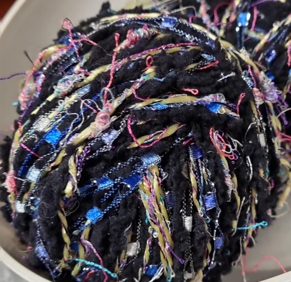 Wool, designer yarn mix, chunky wool, accents, black and multicolored, ladder yarn/blue/white, hand-wound, vintage wool