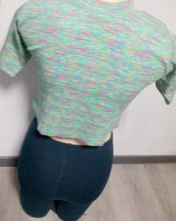Sale 50% off, cropped, over-top, short sleeve, ribbed T-shirt, all-over colorful, rainbow, green-blue-pink, girls, women, girls, sassy, vintage
