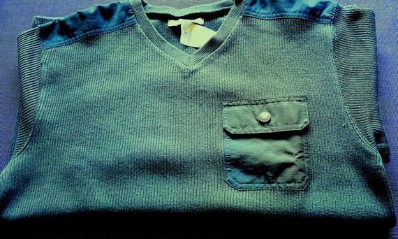 Sale 30% sweater, sweatshirt, V-neck, ribbed structure, hunter green, breast pocket, fabric details, boys, men, S.Oliver, vintage