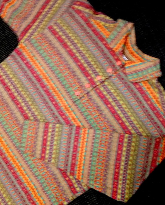 Sale 30% off: Sweater, polo shirt, shirt/blouse, colorful stripes with pattern, green, yellow, orange, pink, turquoise, alphabet, vintage