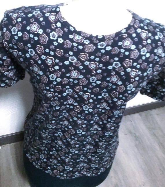 Sale 30% T-shirt, short sleeve, girls shirt, women, girls, scattered flowers, dark blue-brown-turquoise, Maßae, modified, S.Oliver, Vintage