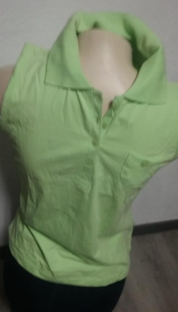 Sale 30% Tank top, sleeveless T-shirt, POLO, V-neck, buttons, green, cotton, girls, women, Blue Seven, Vintage