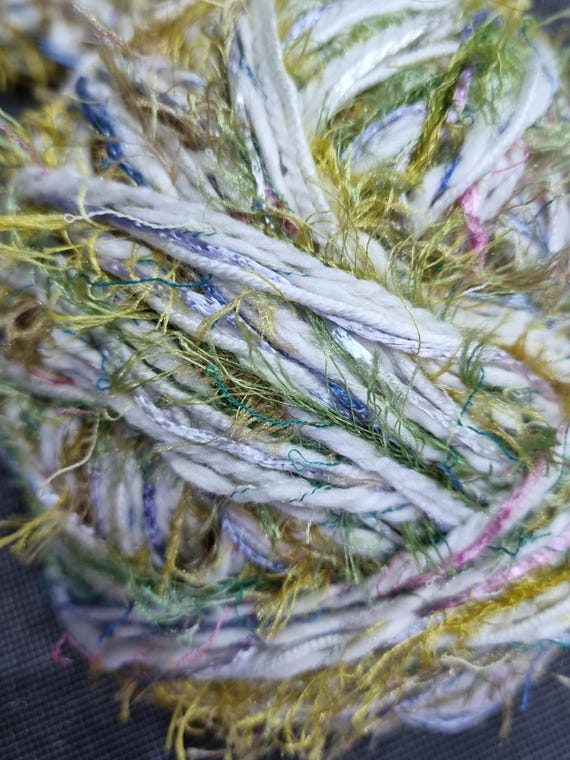 Wool, designer yarn mix, accents/extra soft, white wool, green-yellow fringe, light blue/pink ribbon, hand-wound, vintage wool