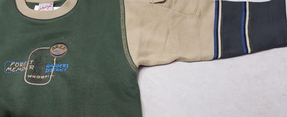 Sale 30% Sweater, sweatshirt, graphic, sleeves with block stripes, green/beige/blue, boys, Whoopi, Vintage