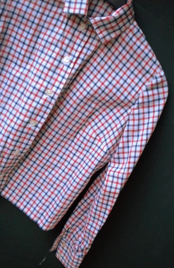 Sale 30% Second Hand, blouse, fitted/short, long sleeves/cuffs, collar, white/blue/red/checked, details, dimensions, one size, adult, vintage