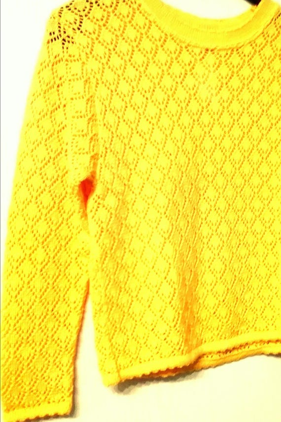 Sale 30% Sweater, Pullover, Long Sleeve, Openwork Pattern, Yellow, BIG, 50/50, Cotton, Size Chart, Girls Women Vintage