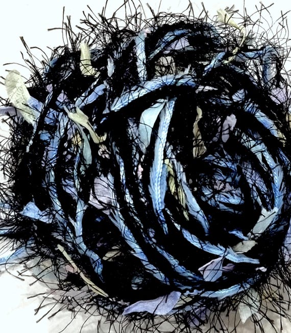 Wool, designer yarn mix, accent yarn/effect yarn/ Papyrus Live, black/pastel, light blue fringed ribbon, hand-wound, vintage wool