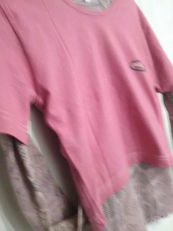 Sale 50% off-the-shoulder, over-top, short T-shirt, overshirt, pink-grey-white, logo, size information, del Gado, Vintage