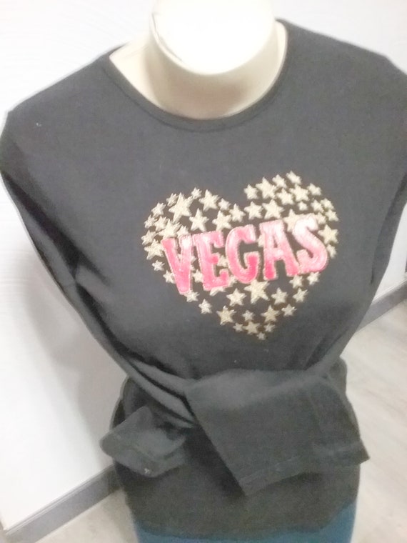 Sale 30% Sweater, Long-sleeved shirt, Graphic/Heart/Stars, VEGAS, black/red/gold, Cotton, Girls, Women, Maidens, Daniela Monti, Vintage