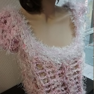 handmade, sweater, crochet top, effect yarn, glamour, long fringes, pink-white, size vintage
