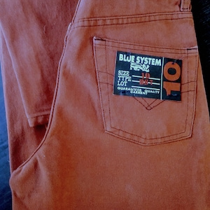 Könnte beinhalten: Eine braune Cordhose mit einer Gesäßtasche und einem Etikett mit der Aufschrift "BLUE SYSTEM" mit einem Totenkopf- und Knochenlogo. Das Etikett trägt außerdem die Aufschrift "SIZE 10, TYPE BS7, GUARANTEED QUALITY GARMENT".