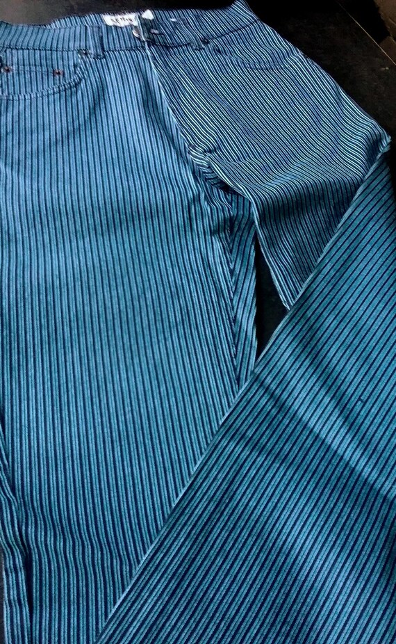 Striped trousers, stretch trousers, turquoise/blue stripes, + plain brown + turquoise, + grey, size information, girls' fashion, women, S. Oliver, vintage