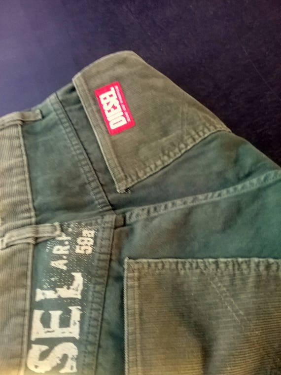 Diesel jeans, print, olive green, white lettering, 1990s, boys fashion, men, boys, measurements, vintage, other