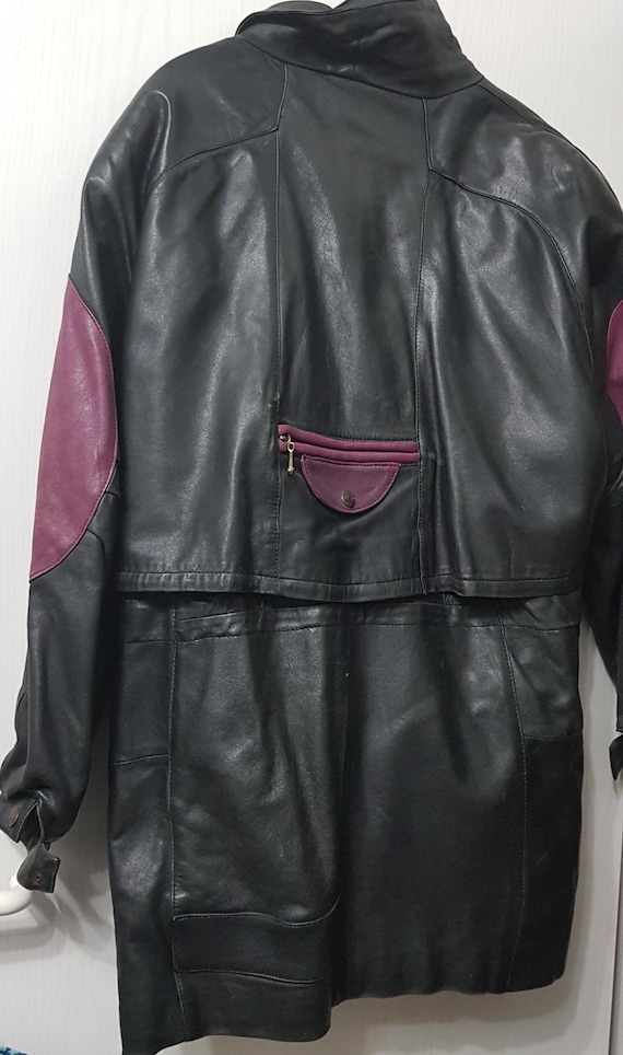 Leather jacket, women, black/burgundy, size 44/46, raglan, wide fit with measurements, zipper, other details, 80s, timeless vintage