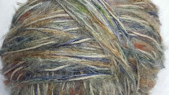 Wool, designer yarn mix, khaki tones with brown/blue/gold, hand-wound, approx. 800 g, various fiber types, needle size 5-6, vintage wool