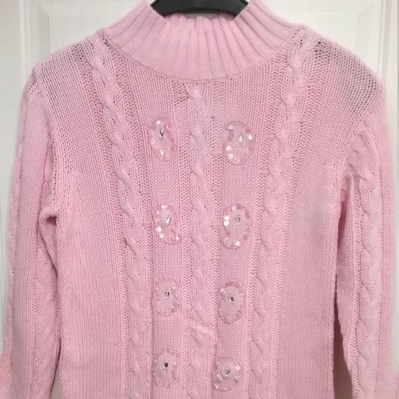 Sale 30% Knitted sweater, pink with sequins, cable pattern, girls, women, girls, more sizes, measurements, summer cotton, vintage