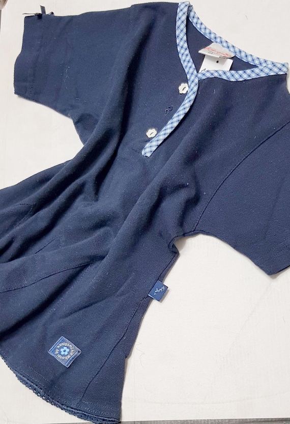 Sale 30% dress, long shirt, short-sleeved tunic, jersey, dark blue, checked fabric details, bell-shaped edge, girls, Königsmühle, Whoopi, Vintage