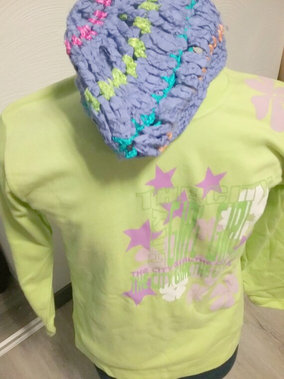 Sale 30% Sweater, long-sleeved shirt, graphic flowers, green-purple-white-cotton with elastane, girls, girls, Tutti Paletti, Vintage