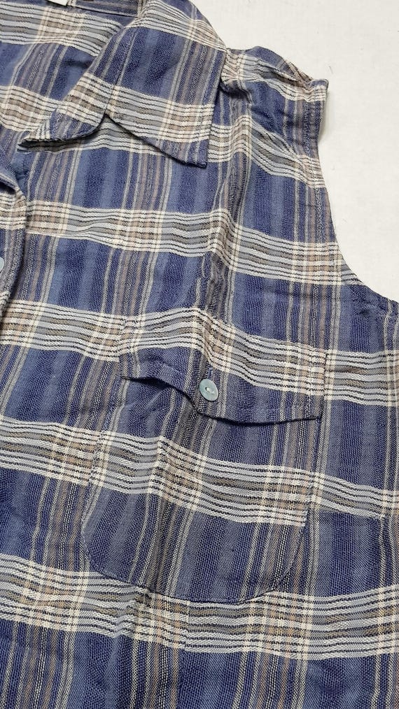 Sale 30% Shirt/Blouse, sleeveless, checked, linen/cotton, extra wide, blue-brown-white, La Strada, Adult, Gender, Vintage