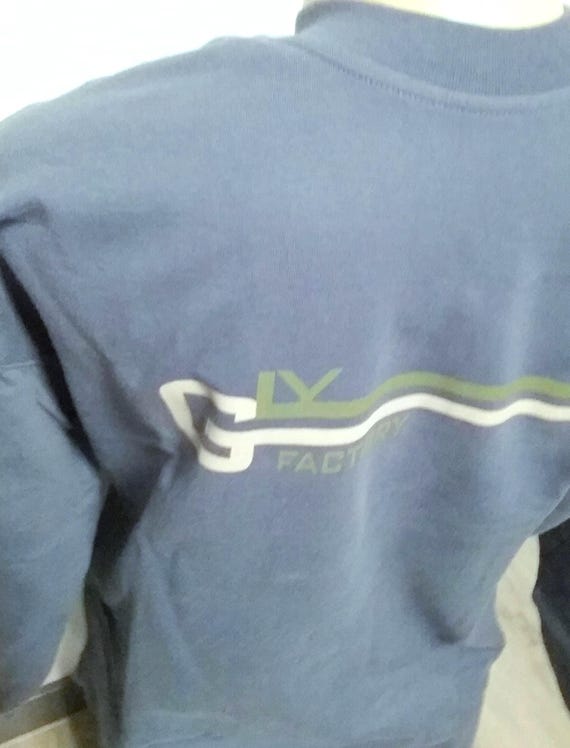Sale 30% Sweater, sweatshirt, long sleeves, chest stripes, GLY Factory lettering, denim blue/olive/beige, cotton, junior, Gilty, vintage