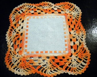 Table set 2-piece doily fabric wide crochet lace orange tones crocheted tealight holder handmade vintage