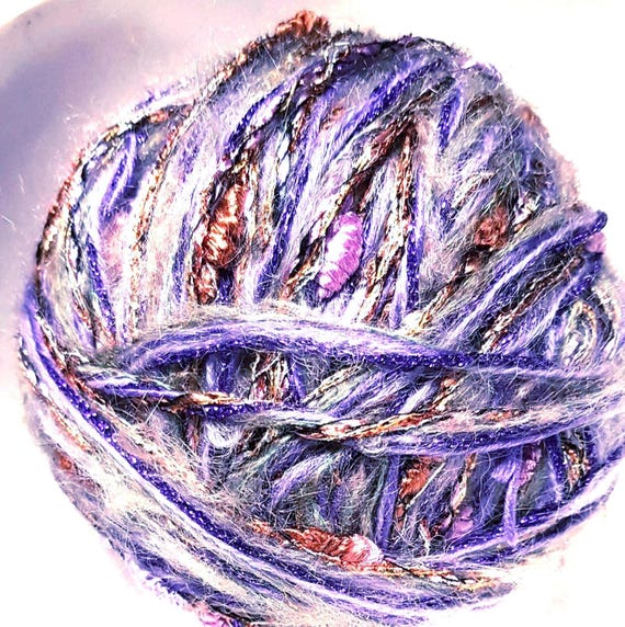 Wool, designer yarn mix, accent yarn/ novelty yarn, Anne Claire/ purple tones/copper, bobbles, various fiber types, hand-wound, vintage wool