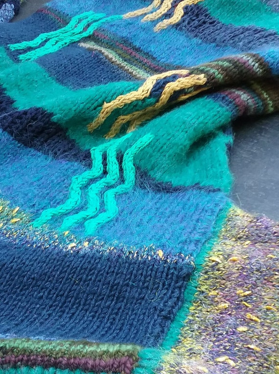 handmade, cardigan, On Size BIG, with 60% alpaca, blue/green/yellow/multicolored, rustic, outdoor, Anny Blatt model, vintage
