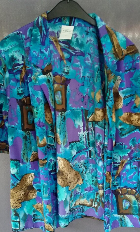 Sale 30% blouse, short sleeve, casual women's blouse, lapel, collar, shoulder yoke, turquoise/copper/black/purple, dimensions, second hand, Canda, vintage