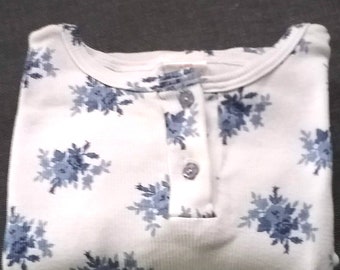 T-Shirt, Polo,Kurzarm, gerippt, Grafik- Blumen, weiß mit blau, Girls,Frauen, Absorba, Vintage