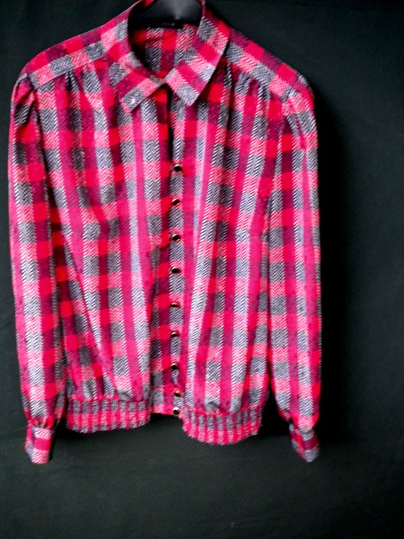 Sale 30% combination, blouse/blouson + tight skirt, red grey check herringbone pattern, women's size 42, measurements, vintage