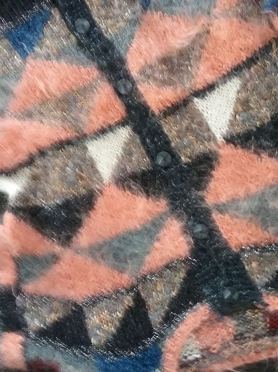 handmade, cardigan, designer jacket, on size BIG, rustic, mohair mix, salmon orange black natural brown blue, ladies, women, vintage