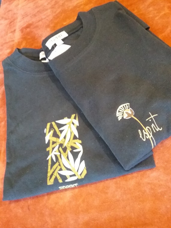 Sale 30% T-shirt, short sleeve, graphic ears or flower, frontside, blue-brown-yellow, long shirt or short form, girls-women, vintage