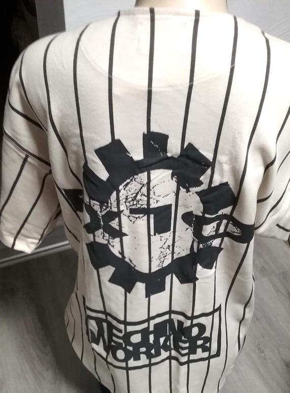 Sale 30% T-Shirt, short sleeve, Henley, polo style, graphic back, Techno Worker, natural-anthracite, round neck, gender, BIG format, BOY EX 10, Vintage