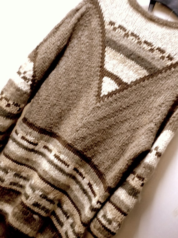 Long sweater, Norwegian style, knitted dress, one size fits most, measurements given, brown and beige tones, virgin wool and alpaca blend, vintage