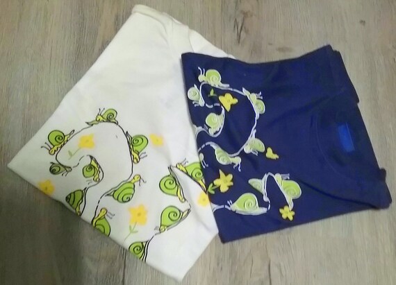 T-shirt, short sleeve, graphic snails, blue+ white with green+ yellow, round neck, BIG, KIDS, unisex, S.Oliver, Vintage