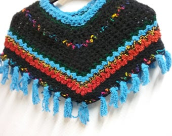 Poncho, shoulder warmer, crocheted, handmade, extra soft, black-coloured-turquoise-yellow-red, material mix - wool, viscose, microfibre